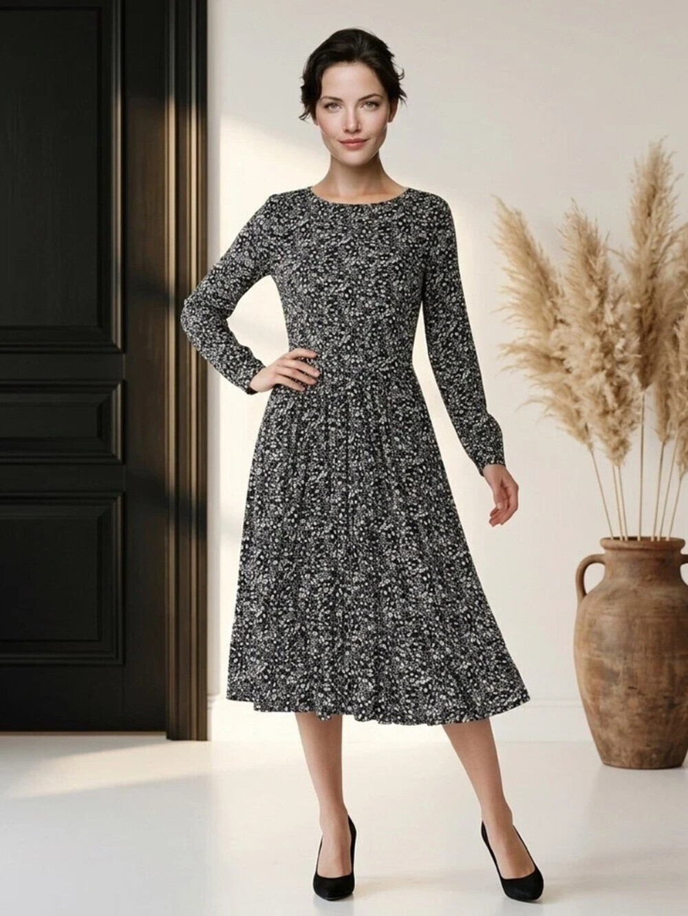 Boden Dress Size 10L Evelyn Jersey Midi Long Sleeve Black White Floral Farmhouse